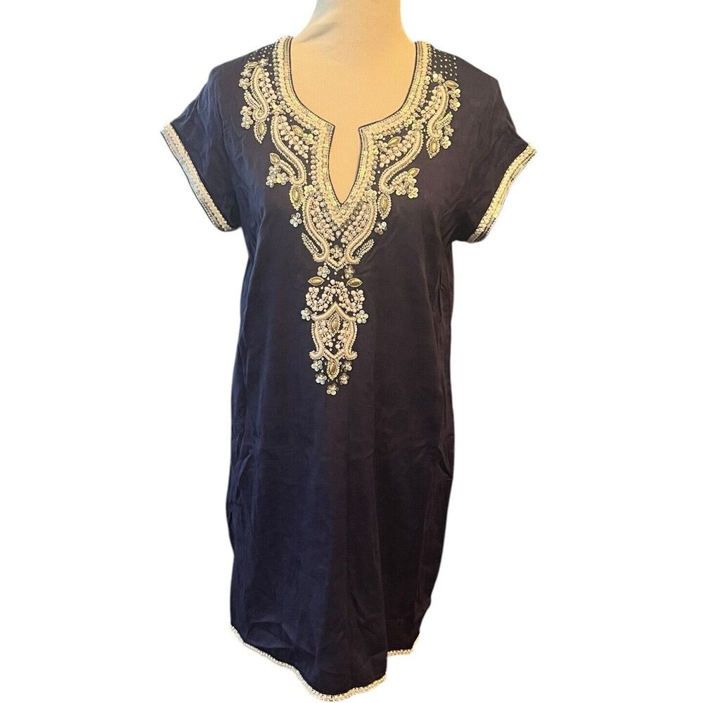 Sulu Embroidered Tunic Dress •L• Navy Blue Beaded Embellished